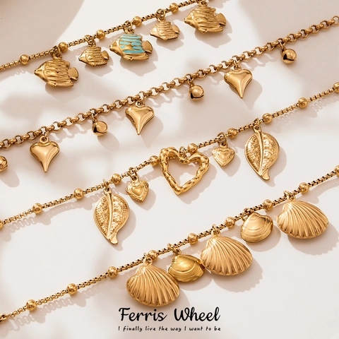 Ocean Style Stainless Steel Charm Bracelet For Women Gold Plated Shell Fish Heart Leaf Bell Pendant Jewelry Marine Beach Gift