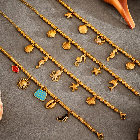 Pulsera de Amuletos de Cuentas de Acero Inoxidable para Mujer Tema Oceánico Estrella de Mar Concha Delfín Labios Bolso Tacones Altos Joyería de Cadena Ajustable