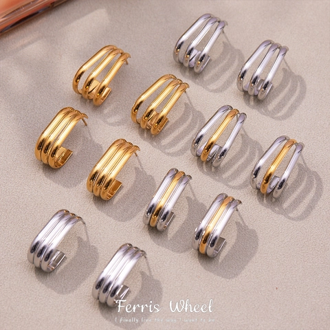 Orecchini a Cerchio in Acciaio Inossidabile Geometrici Placcati Oro Argento Multistrato a Forma di C Cuore Torto Donna Gioielli