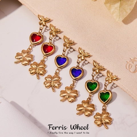 Stainless Steel Butterfly Heart Zirconia Clover Drop Earrings For Women Elegant Gold Plated Vintage Luxury Jewelry