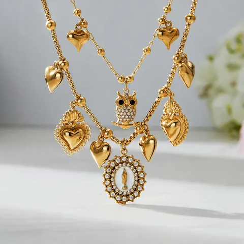 Vintage Stainless Steel Heart Owl Virgin Mary Pendant Necklace For Women Gold Plated Zirconia Tassel Chain Jewelry