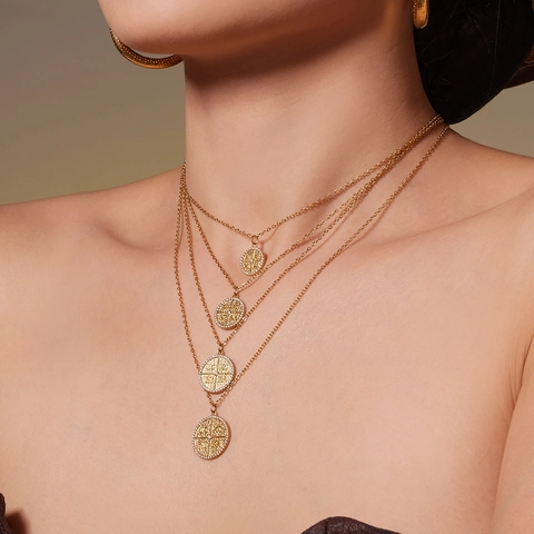 Byzantine Style Stainless Steel Round Coin Pendant Necklace With Zirconia IC XC NIKA Religious Symbol Jewelry For Women