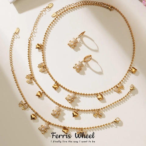 Stainless Steel Teddy Bear Heart Bow Necklace Bracelet Earrings Anklet For Women Zirconia Pave Sweet Jewelry Set For Daily Party
