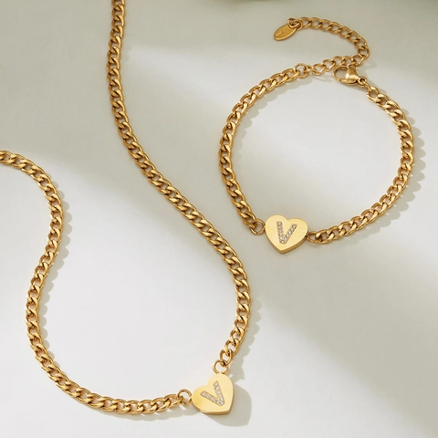 Fashion Stainless Steel Heart Initial Letter Pendant Necklace Bracelet Set 18K Gold Plated Zircon Chic Jewelry For Women