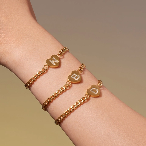 304 Stainless Steel 26 Initial Letter Heart Zirconia Pendant Necklace Bracelet Set 18K Gold Plated Chic Fashion Jewelry For Women