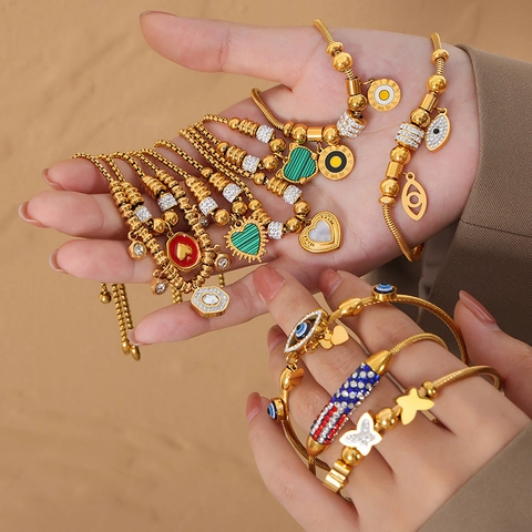 Stainless Steel Adjustable Slider Bracelet Gold Silver Plated Heart Butterfly Evil Eye Charm Bangle For Women Fashion Jewelry