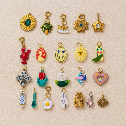 Vintage 18K Vergulde Roestvrijstalen Halsketting Met Hanger Voor Dames Emaille Bloem Vis Hart Boze Oog Sieraden