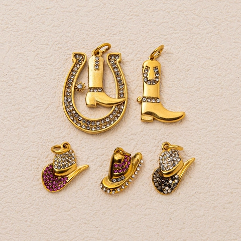Stainless Steel Western Cowboy Hat Boot Horseshoe Charm Pendant 18K Gold Plated Rhinestone DIY Jewelry Making Accessory