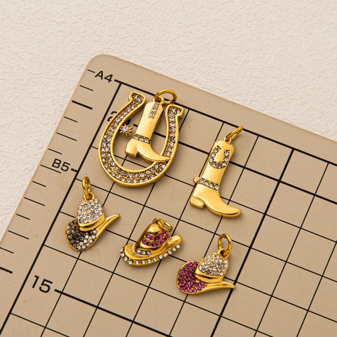 Stainless Steel Western Cowboy Hat Boot Horseshoe Charm Pendant 18K Gold Plated Rhinestone DIY Jewelry Making Accessory