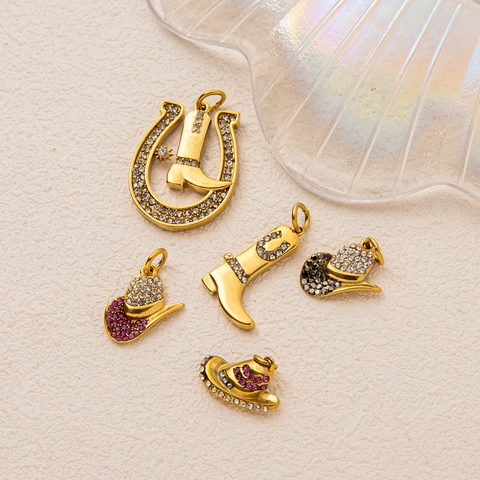 Western Cowboy Stainless Steel Pendants DIY Rhinestone Horseshoe Cowboy Boot Hat Charms 18K Gold Plated Hip Hop Jewelry Accessories