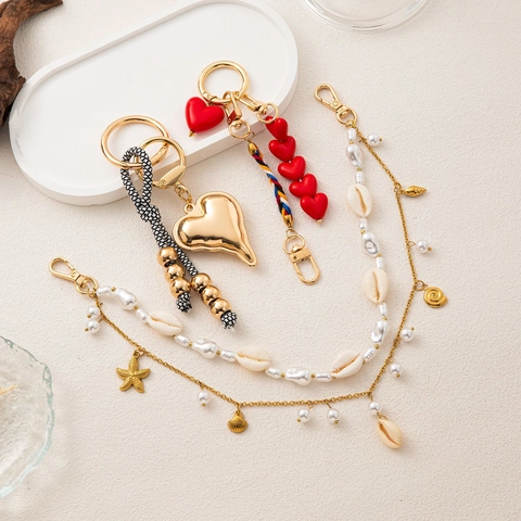 Eleganti Ciondoli per Borsa da Donna Retrò Placcato Oro Lega Cuore Rosso Perla Artificial Sintetica Conchiglia Pendente Accessori