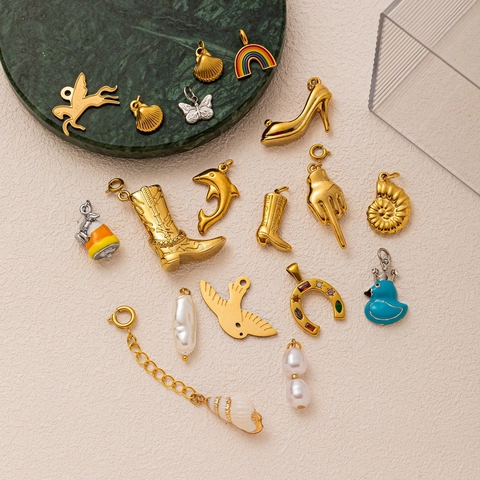 Stainless Steel DIY Pendant Necklace Accessories 18K Gold Plated Baroque Artificial Pearl Shell Bird Charms For Women Jewelry Making