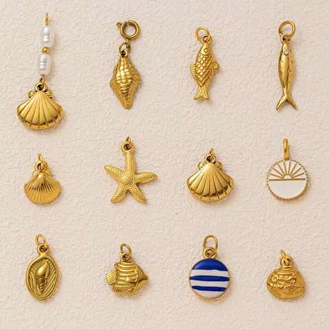 Retro Stainless Steel Ocean Series Pendant Necklace Shell Starfish Fish Enamel Artificial Pearl 18K Gold Plated Jewelry For Women