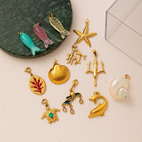Stainless Steel Ocean Series Pendants Sea Turtle Starfish Shell Fish Charms Electroplated Enamel DIY Jewelry Accessory