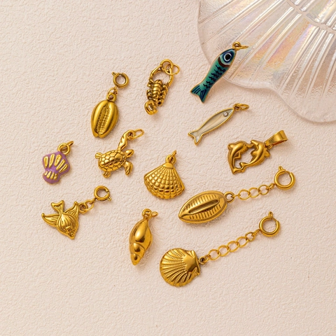 Edelstahl Ozean Thema Anhänger Halskette 18K Vergoldet Emaille Delfin Muschel Meeresschildkröte Anhänger Schmuck Für Damen Geschenk