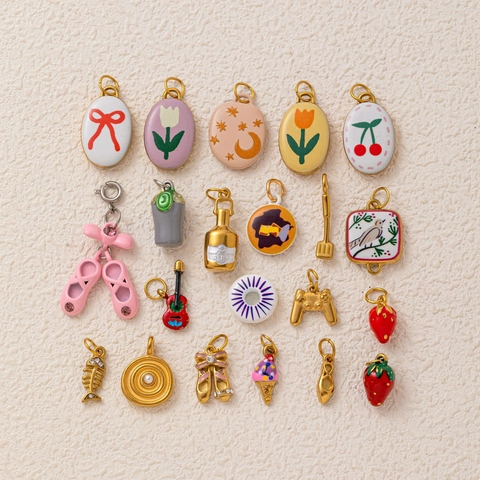 Stainless Steel DIY Pendant Charms 18K Gold Plated Enamel Ballet Shoes Guitar Strawberry Jewelry Making Accessories Women