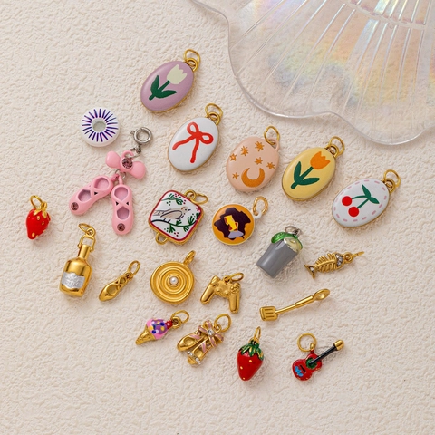 Stainless Steel DIY Pendant Charms 18K Gold Plated Enamel Ballet Shoes Guitar Strawberry Jewelry Making Accessories Women