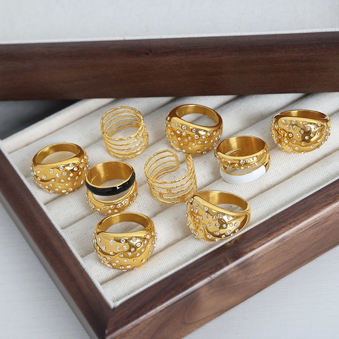 Stainless Steel Gold Plated Dome Ring For Women Inlaid Rhinestone Enamel Finger Ring Minimalist Trendy Fashion Jewelry Gift