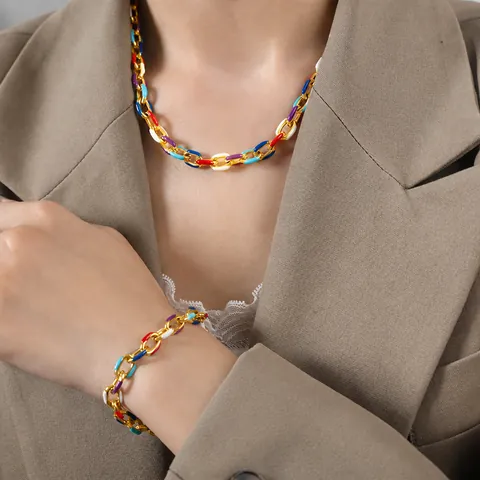 Titanstahl Mehrfarbig Emaille Büroklammer-Kette Schmuckset Für Damen Herren Mode Dopamin-Stil Halskette Armband Set