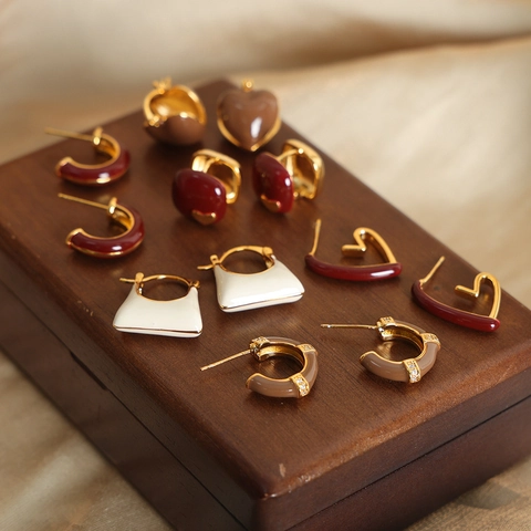Vintage Stainless Steel Enamel Heart Bag Geometric Earrings For Women Gold Rhinestone Stud Hoop Jewelry Gift