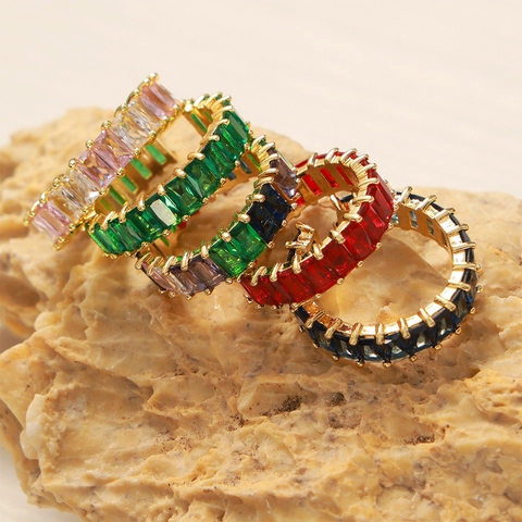 Anello Eternity Vintage in Acciaio al Titanio Zirconia Donna Multicolore Taglio Baguette Geometrico Regolabile Aperto