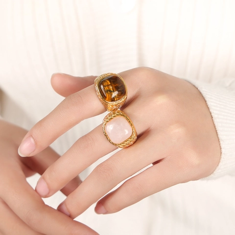 Vintage Titanium Steel Ring For Women Woven Texture Inlaid Natural Tiger Eye Rose Quartz Geometric Statement Finger Ring