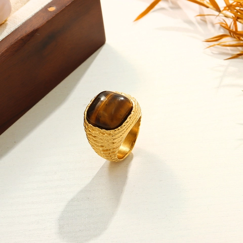 Vintage Titanium Steel Ring For Women Woven Texture Inlaid Natural Tiger Eye Rose Quartz Geometric Statement Finger Ring