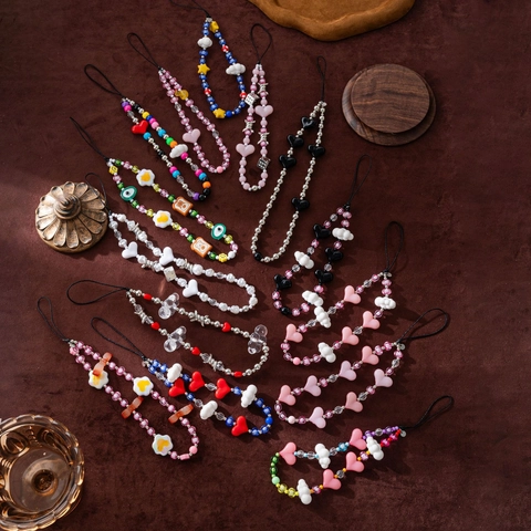Handmade Beaded Phone Strap Heart Cloud Star Charm Lanyard For Mobile Phone Camera Bag Acrylic Bead Wrist Strap Women Gift