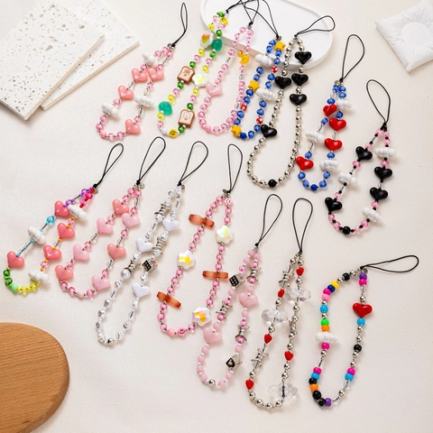 Y2K Kleurrijke Acryl Hart Wolk Ster Kraal Telefoon Koord Strap Hand-gekraalde Telefoon Ketting Voor Vrouwen Tas Charm Sieraden Accessoire