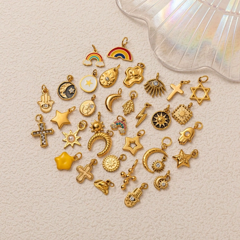 Stainless Steel Star Moon Sun Rainbow Pendant Necklace For Women Electroplated Rhinestone Enamel Fashion Jewelry Accessories Gift