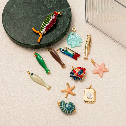 Pendentif Cuivre Thème Océan Émail Poisson Étoile De Mer Strass Perle Artificielle Collier Accessoires Bijoux