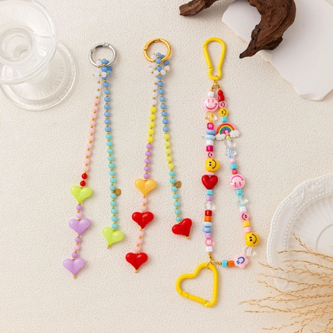 Colorful Y2K Beaded Phone Lanyard Cute Acrylic Smiley Face Heart Rainbow Star Phone Chain Keychain For Bags Phone Case Decoration Women Girls