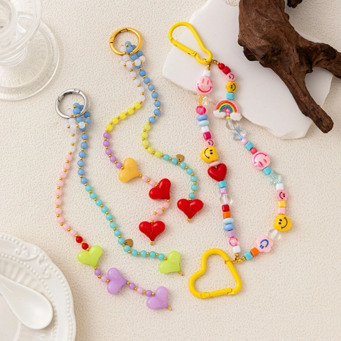 Colorful Y2K Beaded Phone Lanyard Cute Acrylic Smiley Face Heart Rainbow Star Phone Chain Keychain For Bags Phone Case Decoration Women Girls