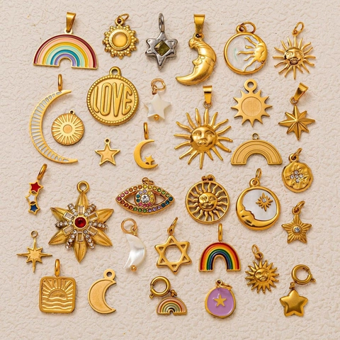 Colgantes Celestiales Minimalistas de Acero Inoxidable Con Esmalte Diamantes de Imitación Sol Luna Estrella Arcoíris Mal de Ojo Charms para DIY Joyería Collares