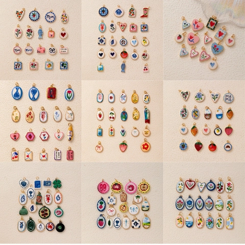Vintage Copper Gold Plated Enamel Fruit Flower Animal Boots Heart Pendants For DIY Necklaces Making Retro Handmade Jewelry Charms