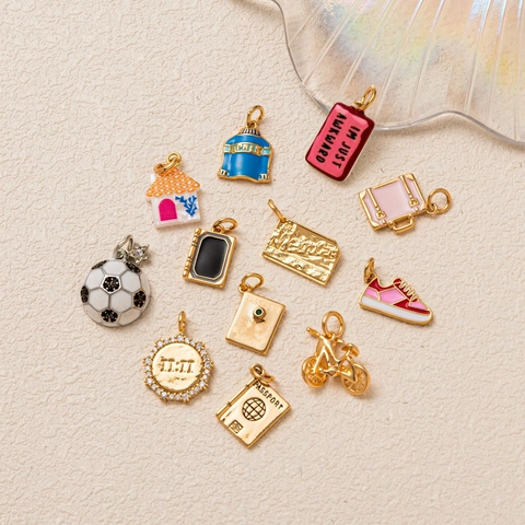 18K Gold Plated Stainless Steel Pendant Necklace Colorful Enamel Travel Suitcase Passport Football 11:11 Round Charm Jewelry