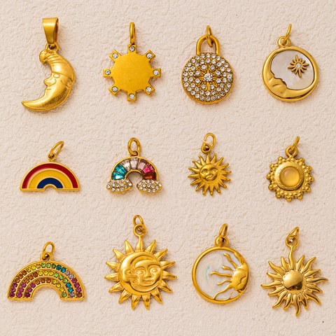 Stainless Steel Sun Moon Rainbow Pendant Necklace For Women 18K Gold Plated Vintage Celestial DIY Jewelry Accessory
