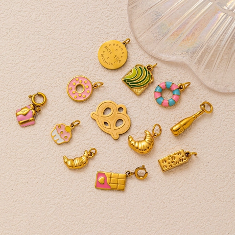 Collana con Pendente Cibo in Acciaio Inossidabile Placcato Oro 18K Gioielli Vintage Donna DIY Ciondoli Croissant Donut