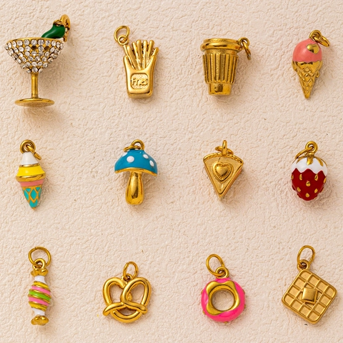 Vintage Stainless Steel 18K Gold Plated Food Dessert Charm Pendant Necklace For Women DIY Jewelry Strawberry Ice Cream Cake