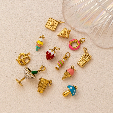 Vintage Stainless Steel 18K Gold Plated Food Dessert Charm Pendant Necklace For Women DIY Jewelry Strawberry Ice Cream Cake