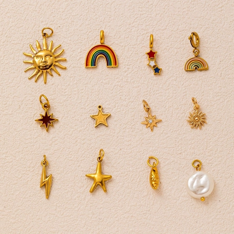 Collana con Ciondolo in Acciaio Inossidabile Placcato Oro 18K Sole Luna Stella Arcobaleno Fulmine per Donna Gioielli Vintage Fai-da-te