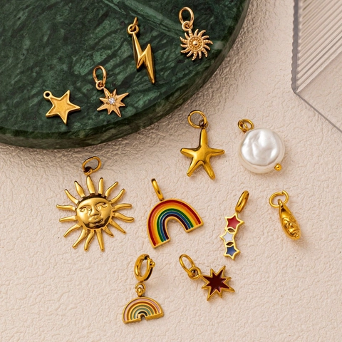 Collana con Ciondolo in Acciaio Inossidabile Placcato Oro 18K Sole Luna Stella Arcobaleno Fulmine per Donna Gioielli Vintage Fai-da-te