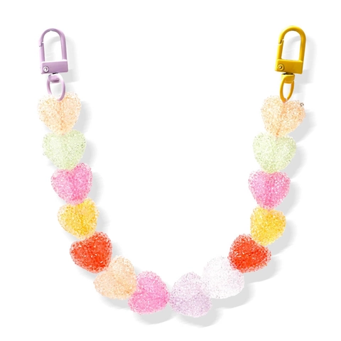 Kawaii Colorful Heart Resin Bag Charm Rhinestone Heart Bead Chain Cute Candy Style Bag Accessories Keyring For Women
