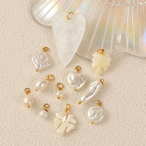 Stainless Steel Necklace With Artificial Pearl Shell Heart Clover Palm Tree Pendant 18K Gold Plated Jewelry For Women