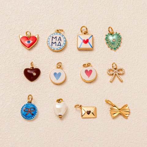 14k Vergoldetes Kupfer DIY Anhänger Emaille Herz Böser Blick Schleife Umschlag MAMA Buchstabe Mode Schmuck Zubehör Für Ketten