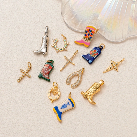 Fashion Electroplated Copper Western Cowboy Boot Cross Horseshoe Pendant Rhinestone Enamel DIY Jewelry Charms Accessory
