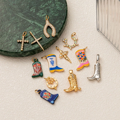 Fashion Electroplated Copper Western Cowboy Boot Cross Horseshoe Pendant Rhinestone Enamel DIY Jewelry Charms Accessory