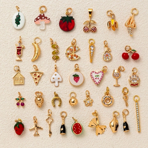Gold Plated Copper Enamel Rhinestone Charms Fruit Food Heart Key Airplane Pendants For DIY Jewelry Making Women Accessories