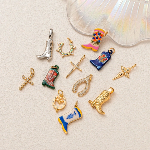 Fashion Electroplated Copper Western Cowboy Boot Cross Horseshoe Pendant Rhinestone Enamel DIY Jewelry Charms Accessory