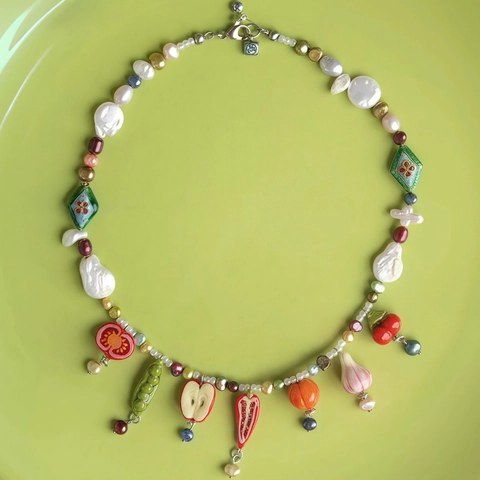 Realistic Food Fruit Pendant Necklace Gold Plated Copper Enamel Bread Tomato Apple Chili Kiwi Artificial Pearl Jewelry